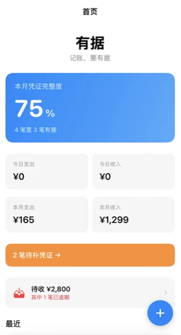 有据 App 首页:本月凭证完整度 75%,以及今日与本月收支概览