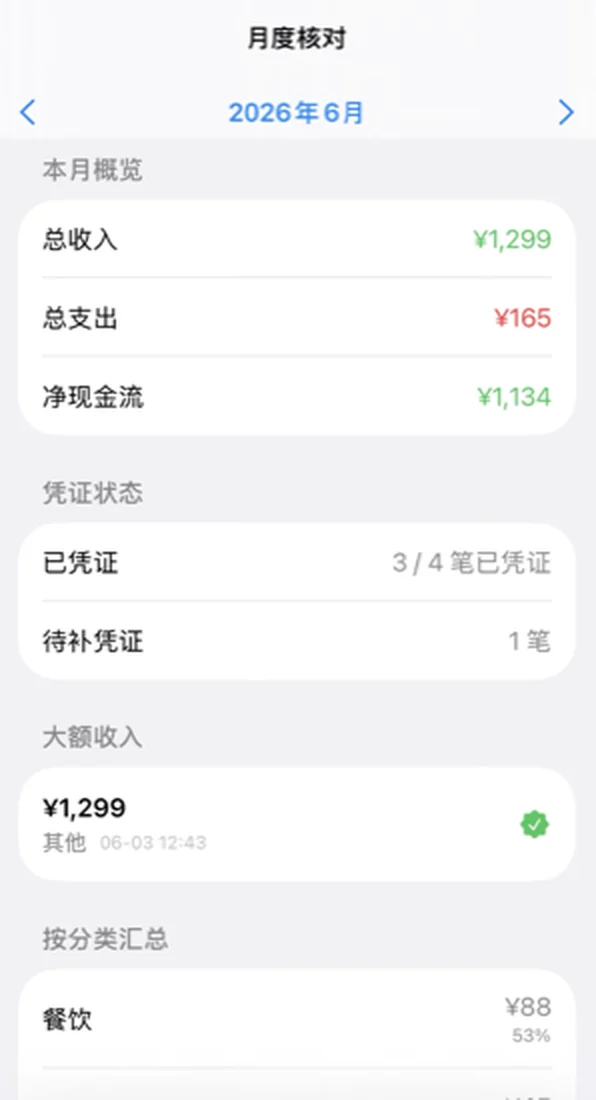 有据 App 月度核对页:总收入、总支出、净现金流与凭证状态